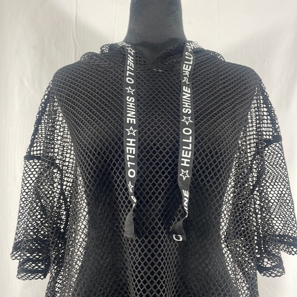 Black mesh,knit pullover w hoodie and drawstring, coverup, see through,Large - Picture 2 of 9